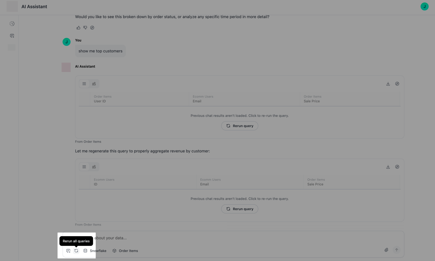 Re-run all queries icon in the JustAsk Agent