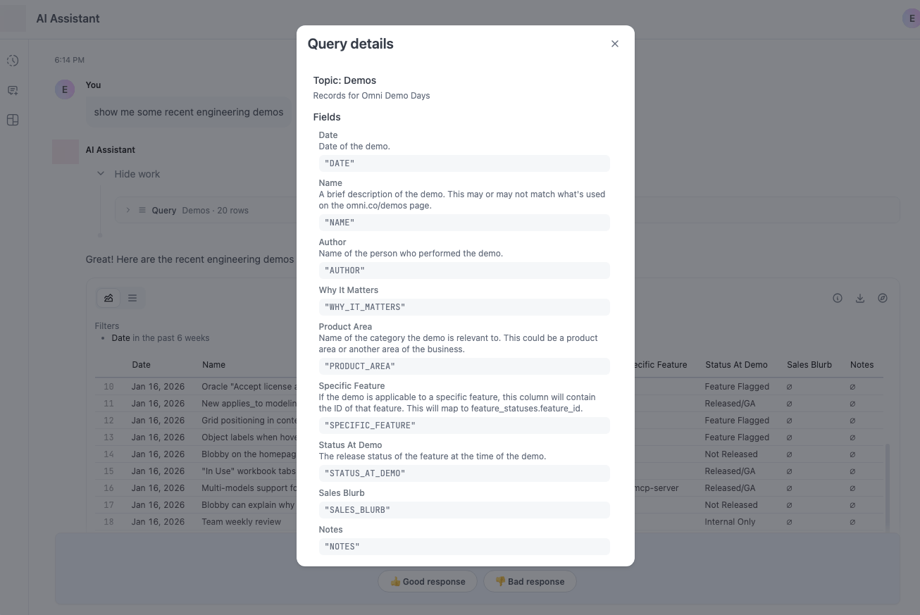 Query details in the JustAsk Agent
