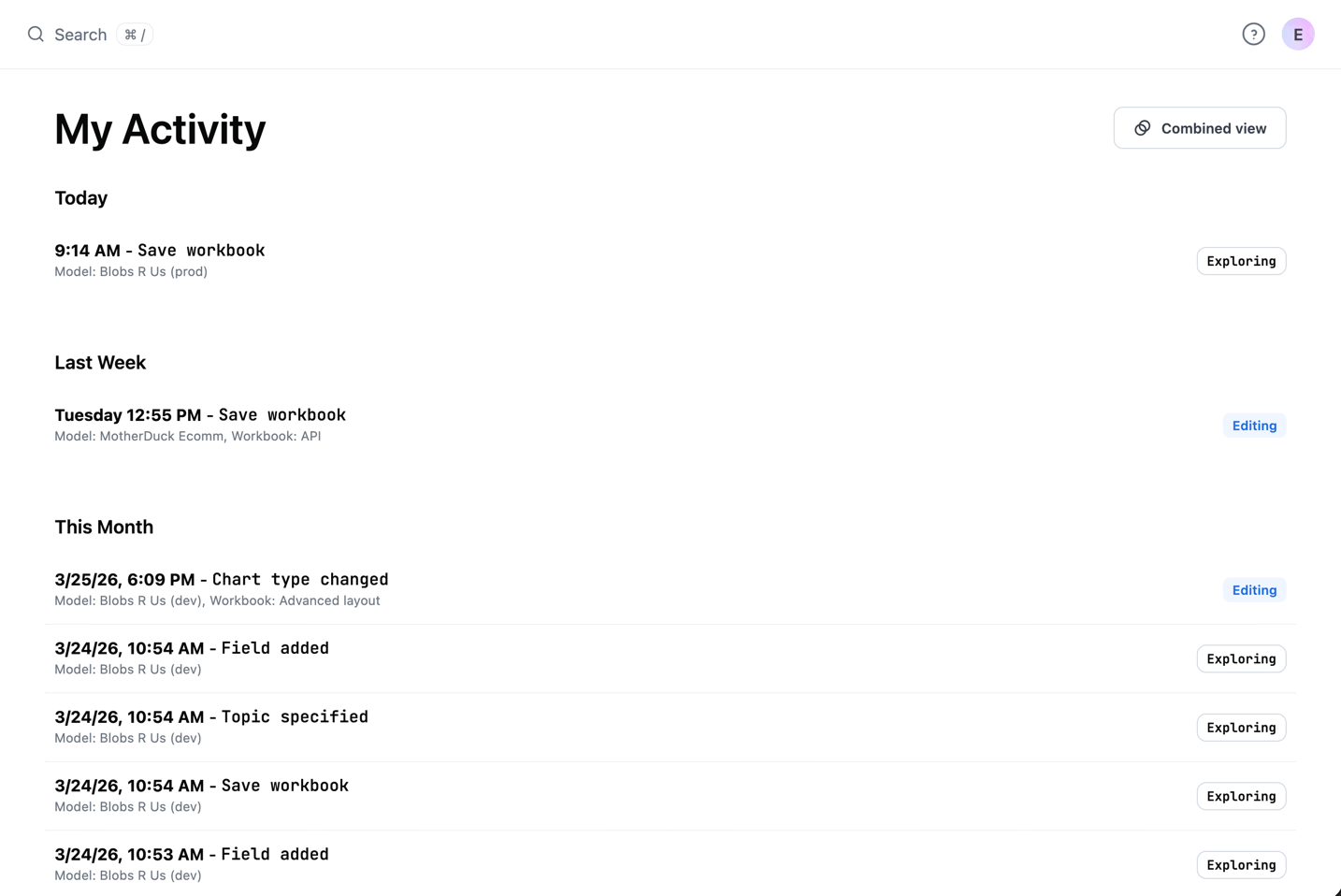 The My Activity page in classic view, showing a chronological list of actions