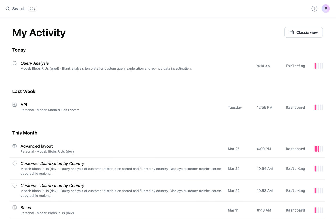 The My Activity page in combined view, showing documents grouped by time period