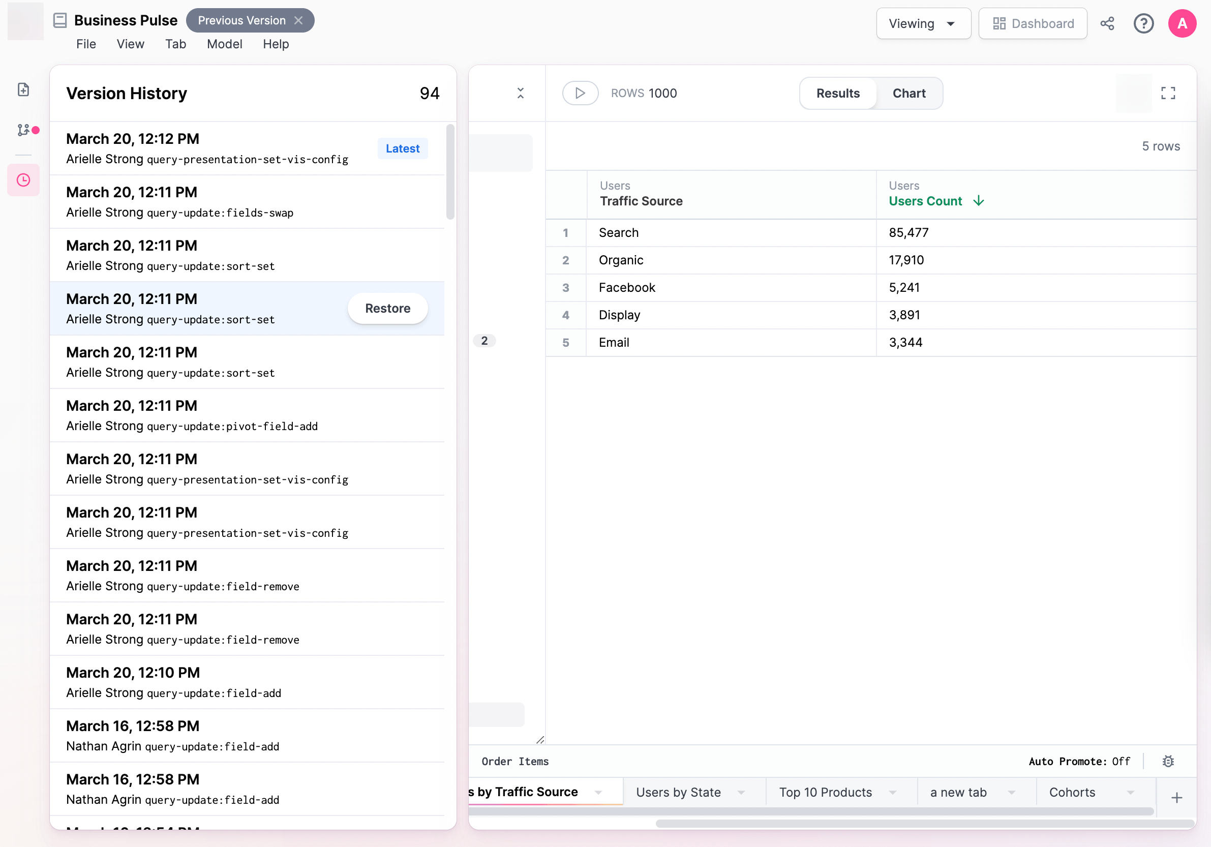 Version History panel showing a list of changes with timestamps, authors, and a Restore button on hover