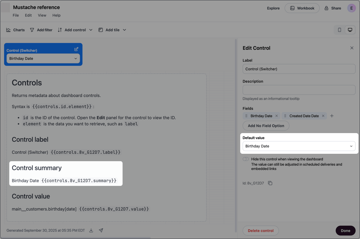 Example control summary (default value)