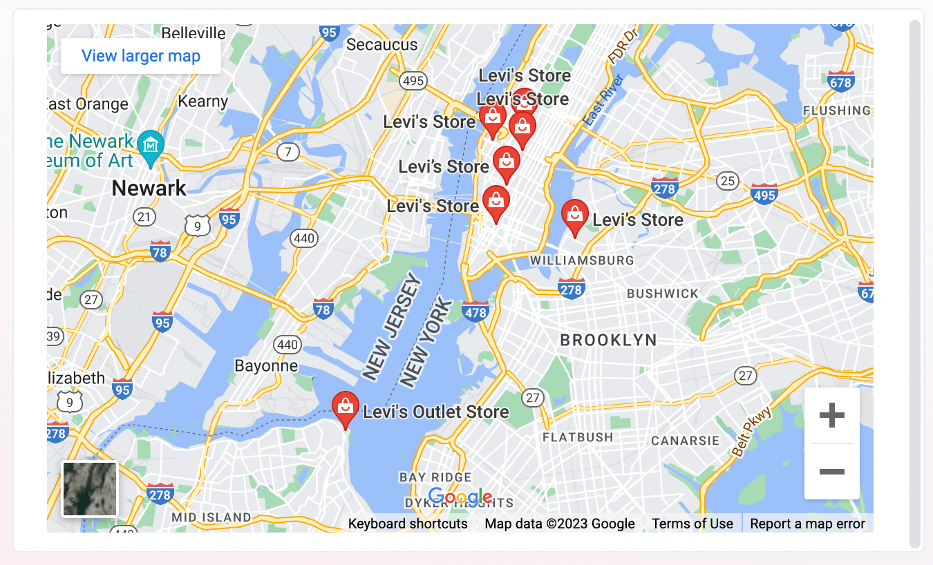 A Google Maps embed in a Markdown visualization using an iframe